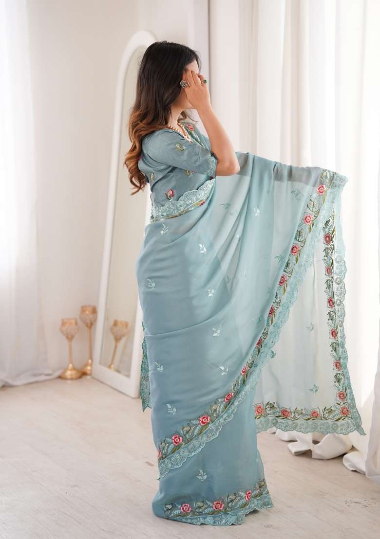 Dusty Blue Embroidered Silk Blend Saree Set for Diwali and Festive Wear - Indya