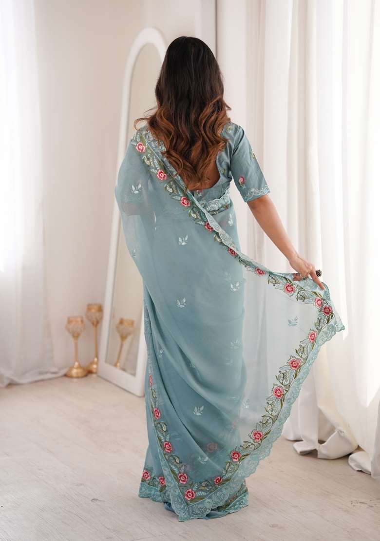 Dusty Blue Embroidered Silk Blend Saree Set for Diwali and Festive Wear - Indya