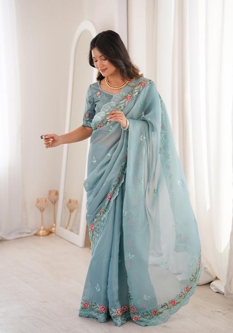 Dusty Blue Embroidered Silk Blend Saree Set