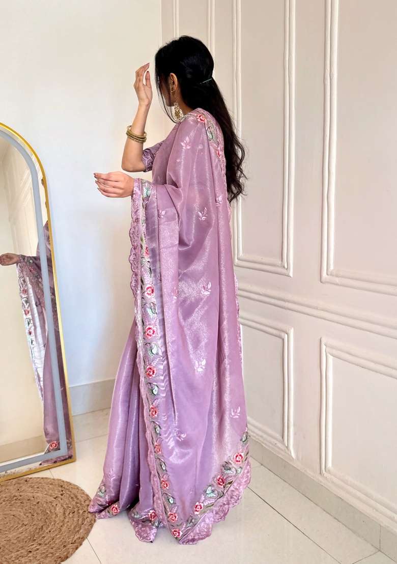 Lavender Silk Blend Saree Set with Embroidered for Diwali | Wedding & Festive Wear - Indya