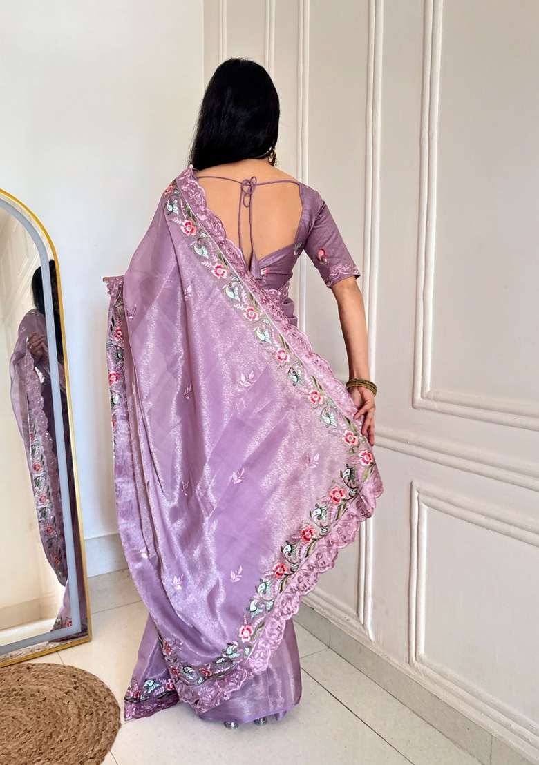Lavender Silk Blend Saree Set with Embroidered for Diwali | Wedding & Festive Wear - Indya