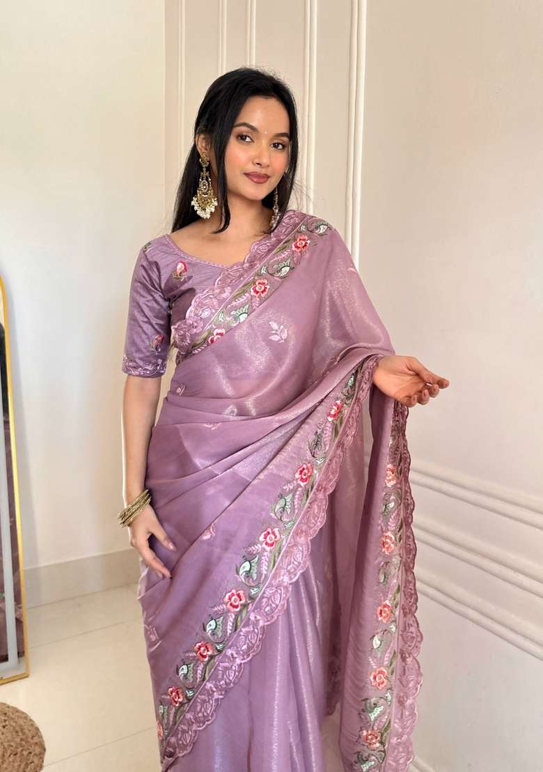Lavender Silk Blend Saree Set with Embroidered for Diwali | Wedding & Festive Wear - Indya
