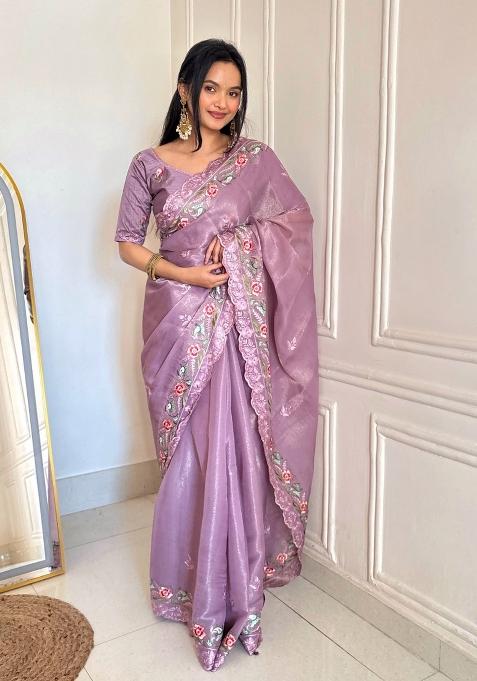 Lavender Embroidered Silk Blend Saree Set