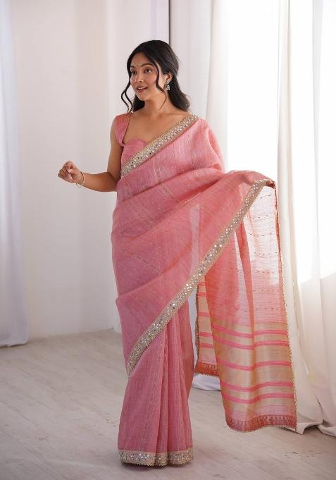 Onion Pink Embroidered Cotton Saree Set