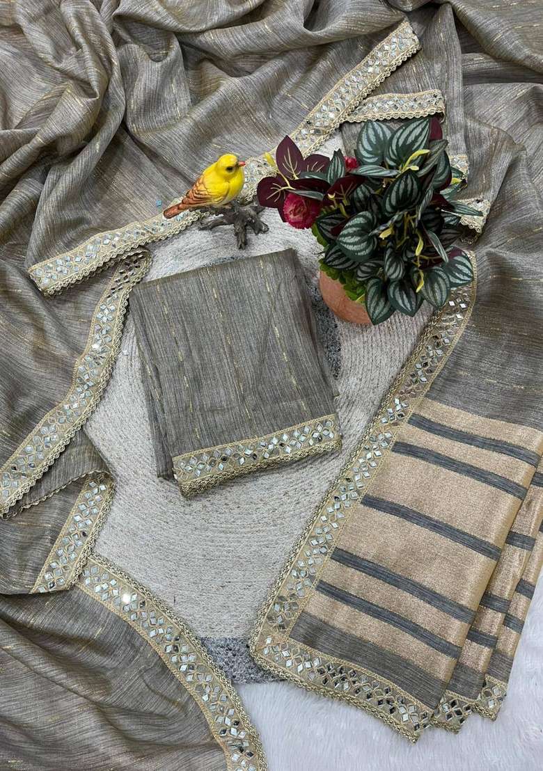 Grey Embroidered Cotton Saree Set for Diwali and Festive Wear - Indya