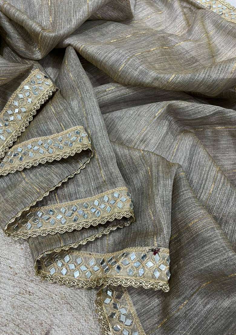 Grey Embroidered Cotton Saree Set for Diwali and Festive Wear - Indya