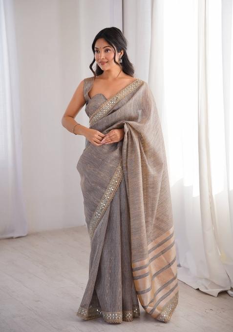 Grey Embroidered Cotton Saree Set