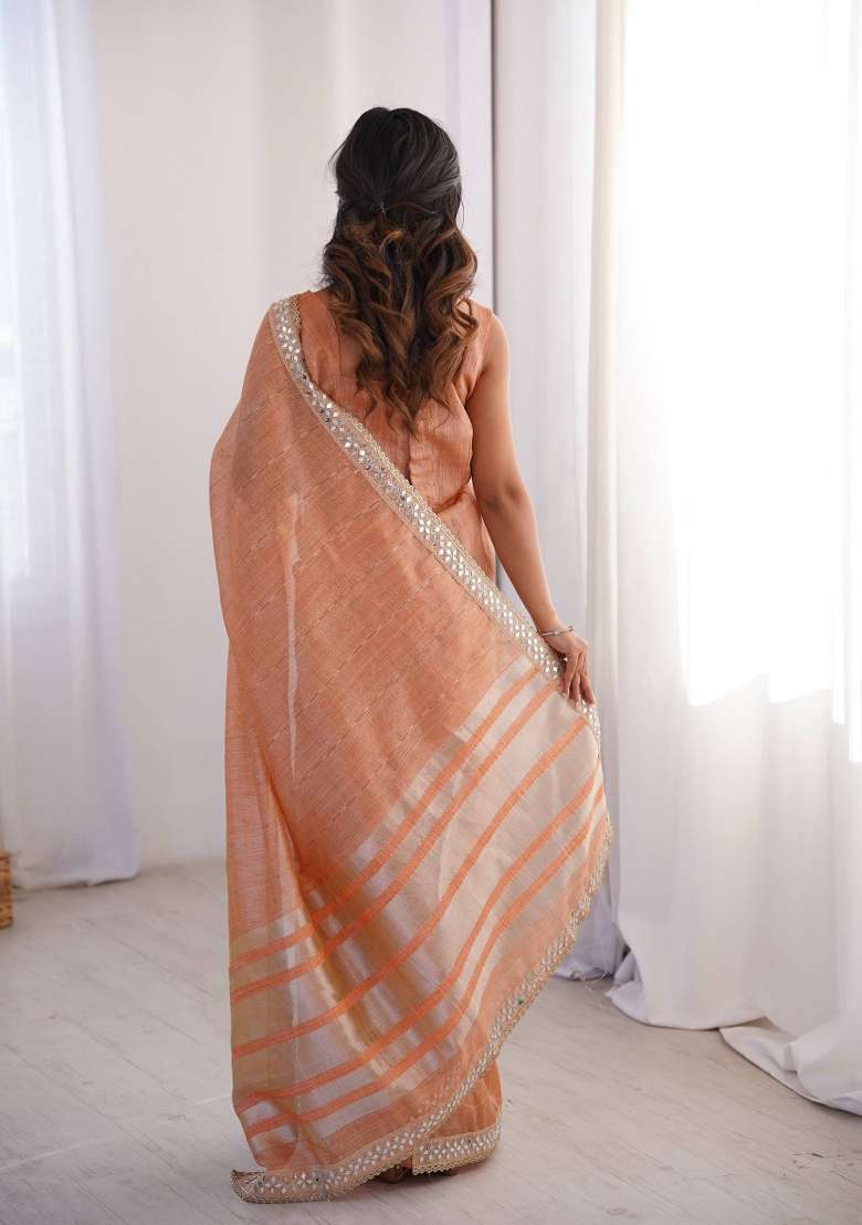 Peach Cotton Saree Set with Embroidered for Diwali | Wedding & Festive Wear - Indya