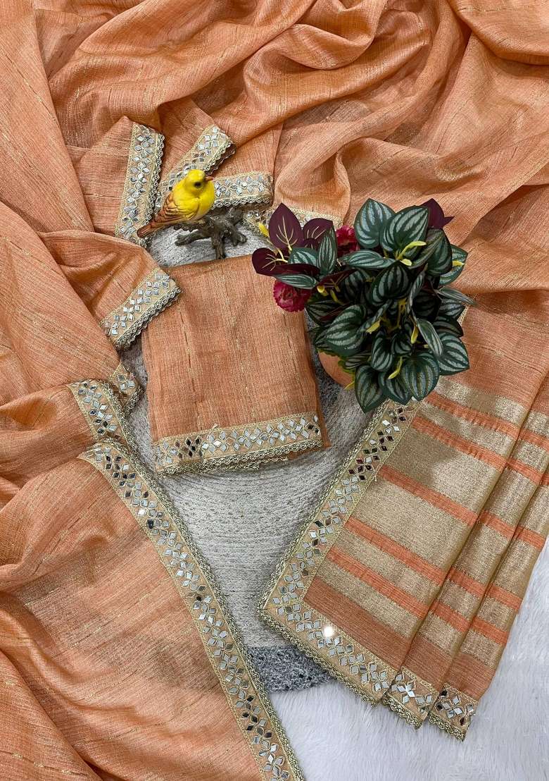 Peach Cotton Saree Set with Embroidered for Diwali | Wedding & Festive Wear - Indya