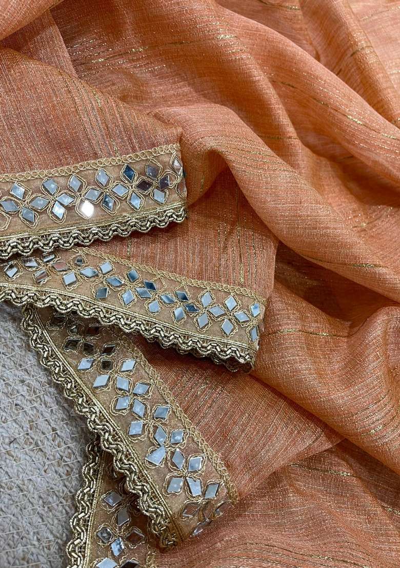 Peach Cotton Saree Set with Embroidered for Diwali | Wedding & Festive Wear - Indya