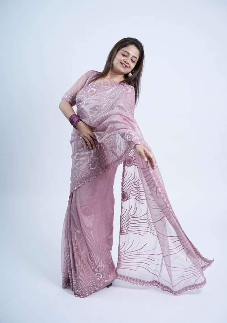 Onion Pink Embroidered Net Saree Set for Diwali and Festive Wear - Indya
