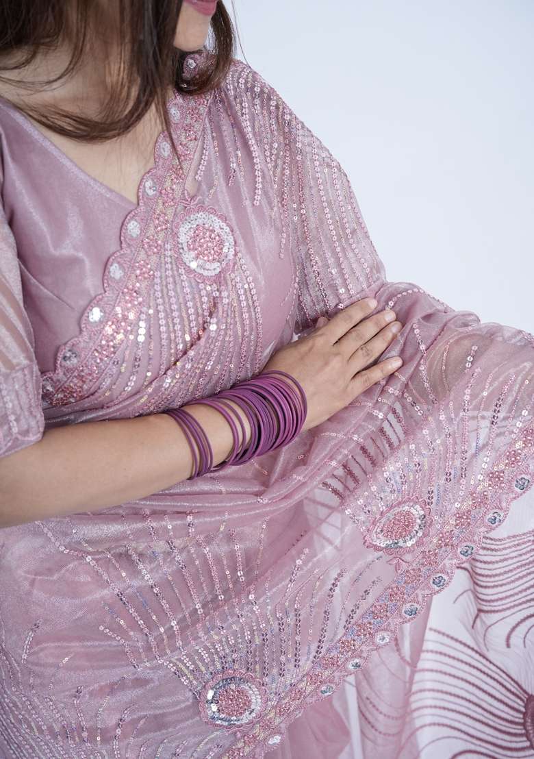 Onion Pink Embroidered Net Saree Set for Diwali and Festive Wear - Indya