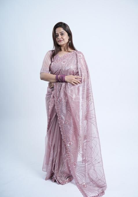 Onion Pink Embroidered Net Saree Set