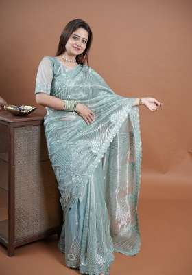 Sea Green Embroidered Net Saree Set for Diwali and Festive Wear