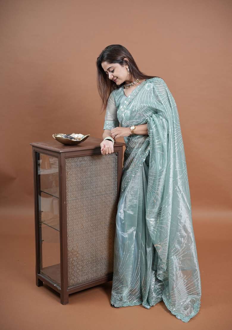 Sea Green Embroidered Net Saree Set for Diwali and Festive Wear - Indya