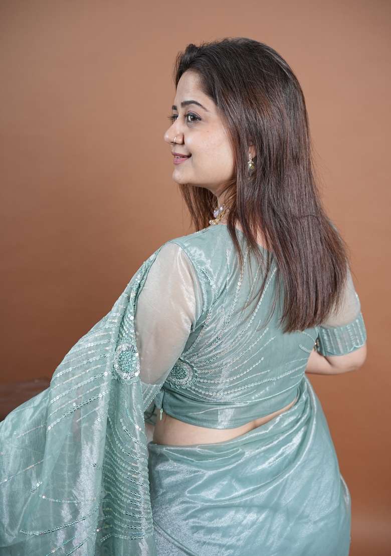 Sea Green Embroidered Net Saree Set for Diwali and Festive Wear - Indya
