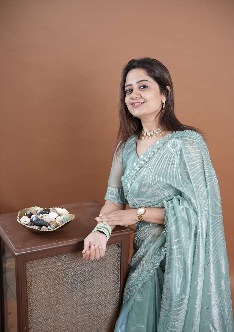 Sea Green Embroidered Net Saree Set for Diwali and Festive Wear - Indya