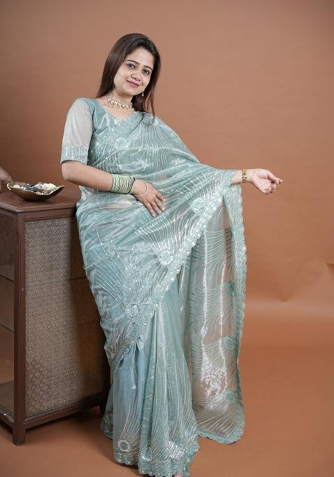 Sea Green Embroidered Net Saree Set