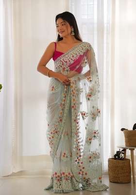 Blue Embroidered Net Saree Set for Diwali and Festive Wear