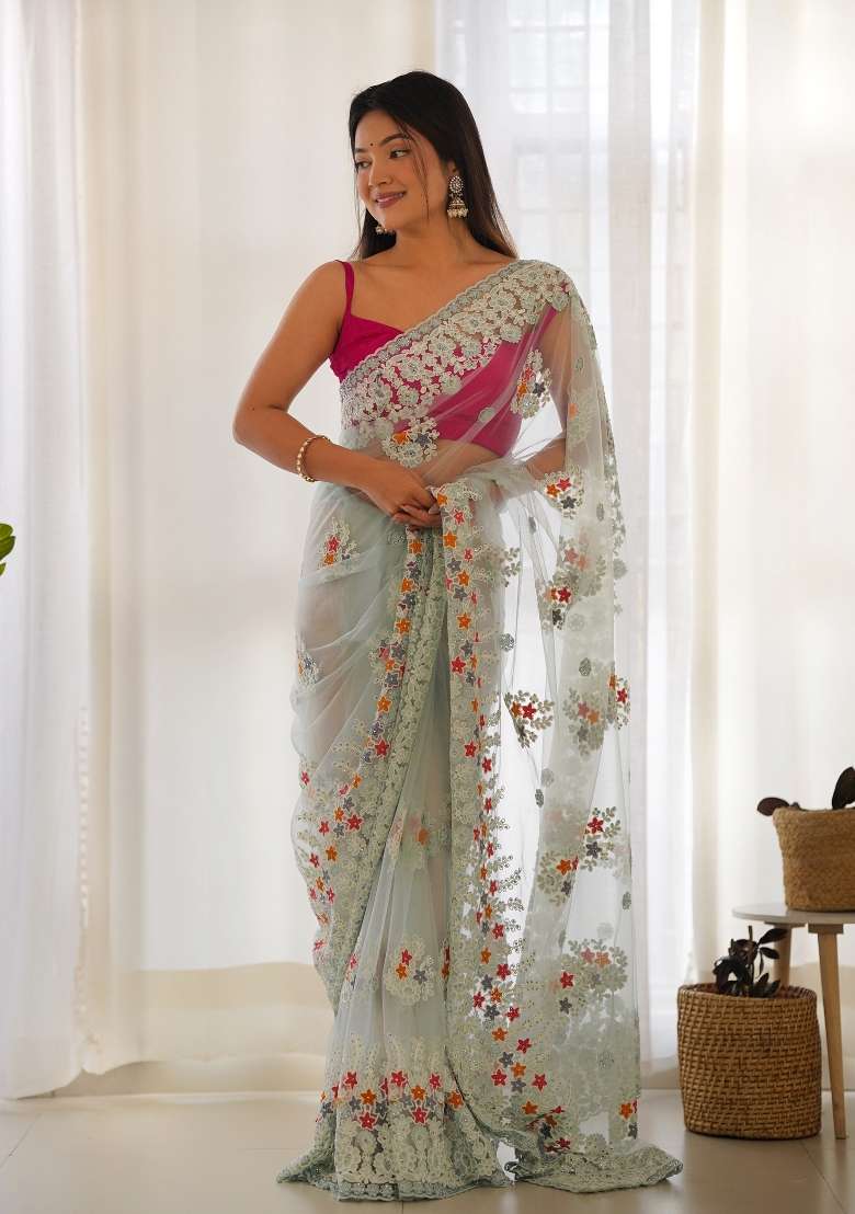 Blue Embroidered Net Saree Set for Diwali and Festive Wear - Indya