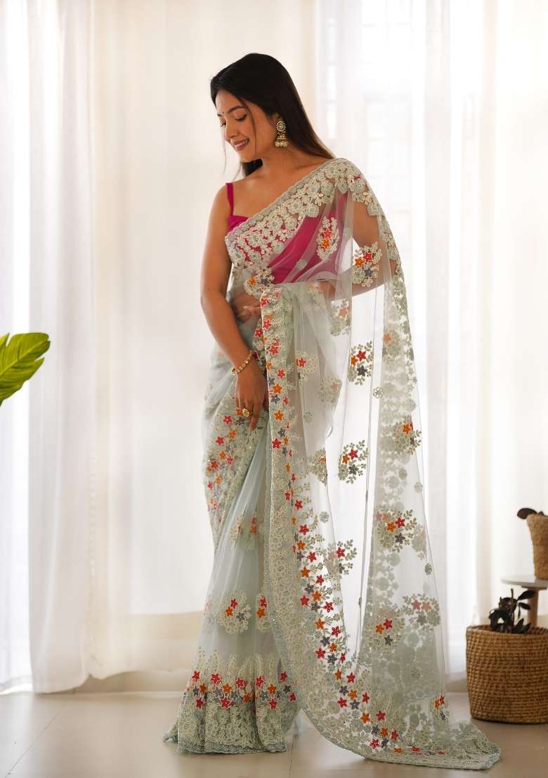 Blue Embroidered Net Saree Set for Diwali and Festive Wear - Indya