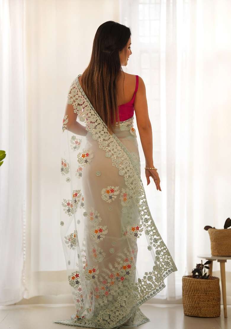 Blue Embroidered Net Saree Set for Diwali and Festive Wear - Indya