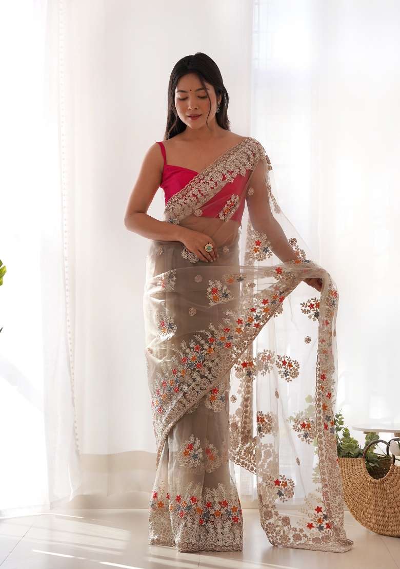 Chiku Net Saree Set with Embroidered for Diwali | Wedding & Festive Wear - Indya