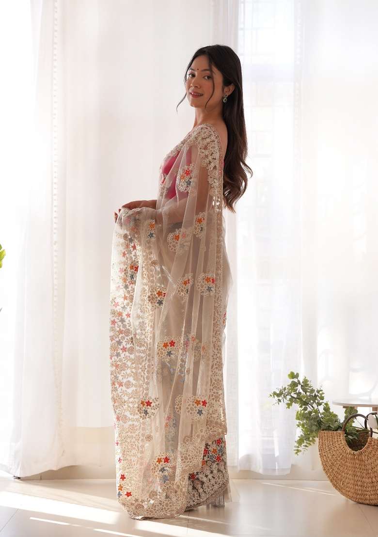 Chiku Net Saree Set with Embroidered for Diwali | Wedding & Festive Wear - Indya