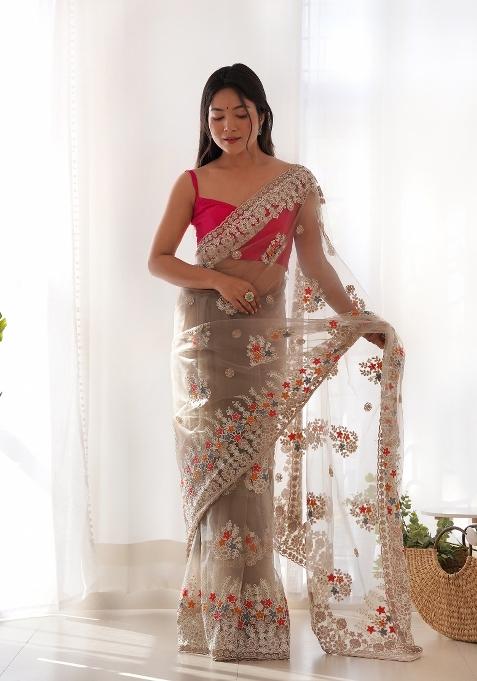 Chiku Embroidered Net Saree Set