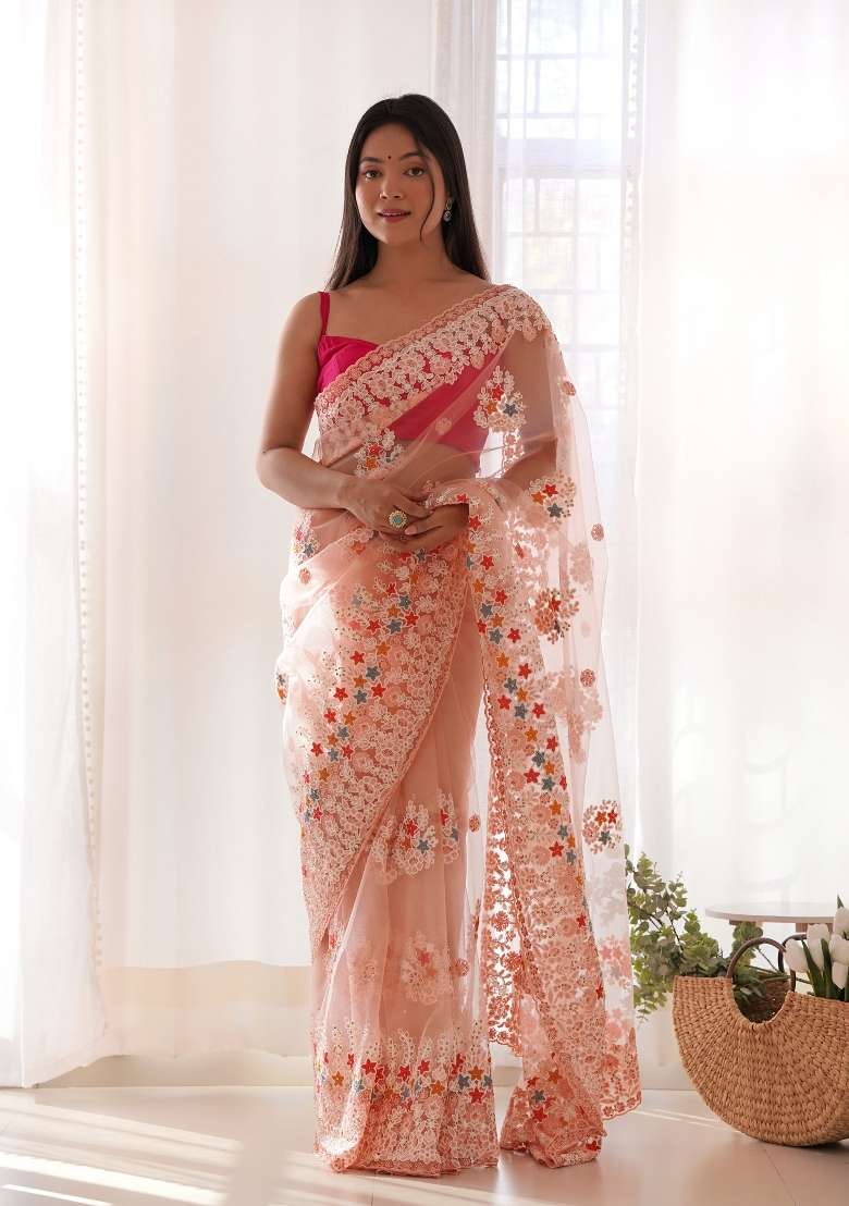 Peach Embroidered Net Saree Set for Diwali and Festive Wear - Indya