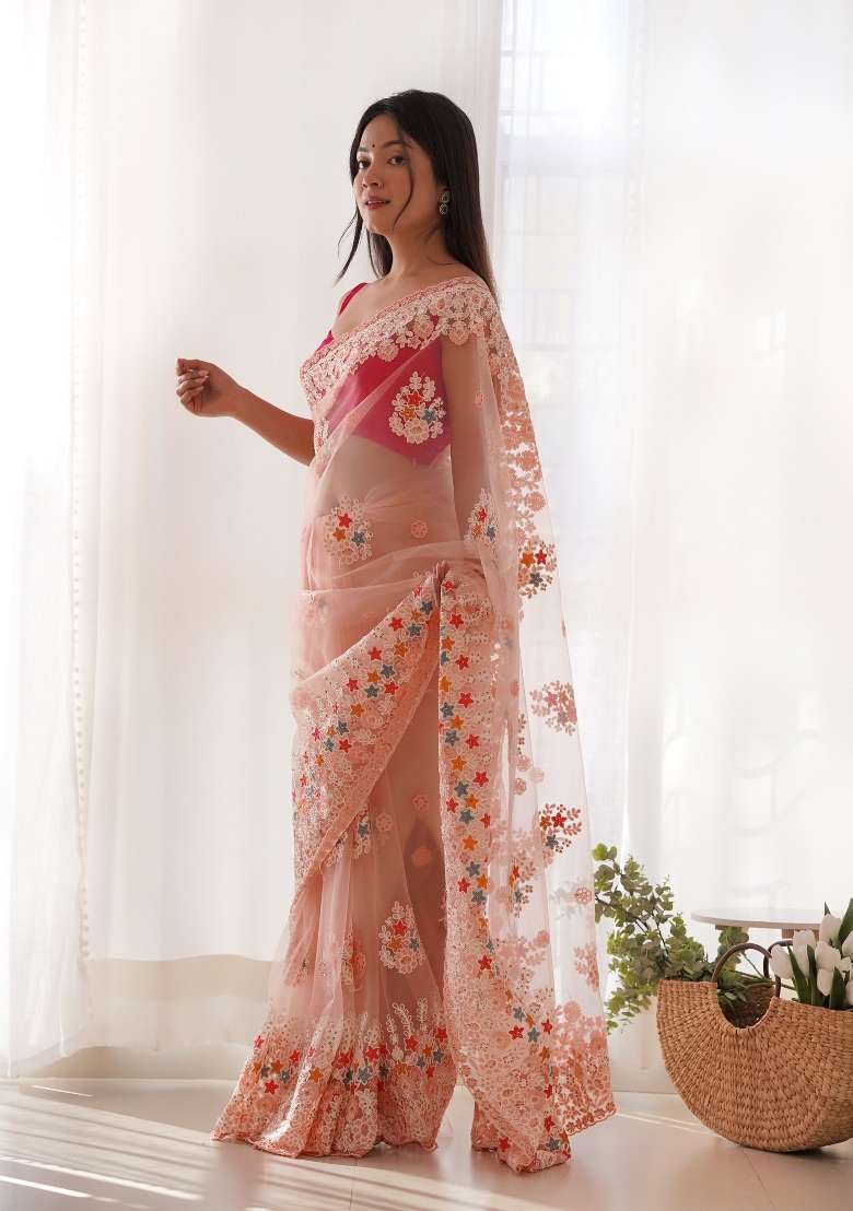 Peach Embroidered Net Saree Set for Diwali and Festive Wear - Indya