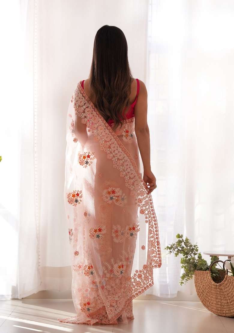 Peach Embroidered Net Saree Set for Diwali and Festive Wear - Indya
