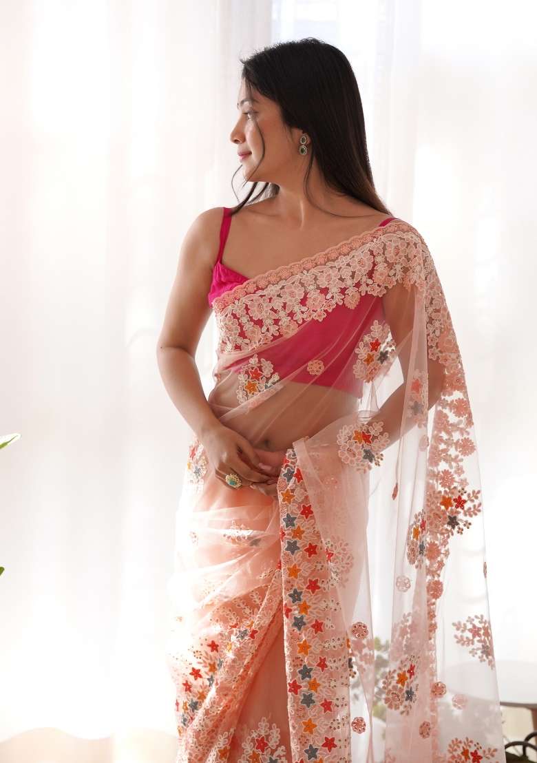 Peach Embroidered Net Saree Set for Diwali and Festive Wear - Indya