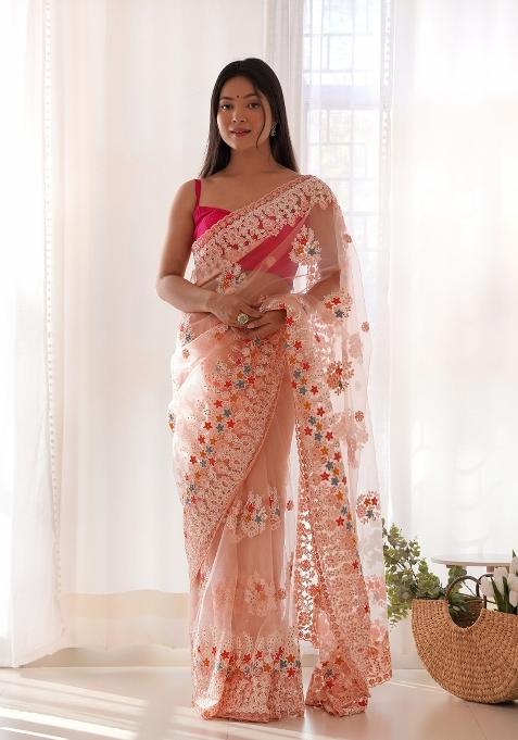 Peach Embroidered Net Saree Set