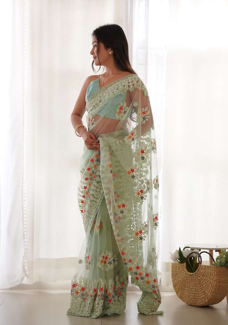 Pista Green Net Saree Set with Embroidered for Diwali | Wedding & Festive Wear - Indya