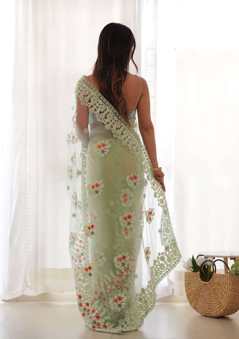 Pista Green Net Saree Set with Embroidered for Diwali | Wedding & Festive Wear - Indya