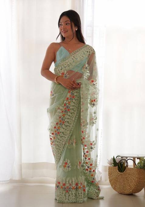 Pista Green Embroidered Net Saree Set