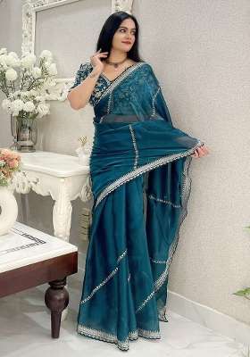 Rama Green Embroidered Silk Blend Saree Set for Diwali and Festive Wear