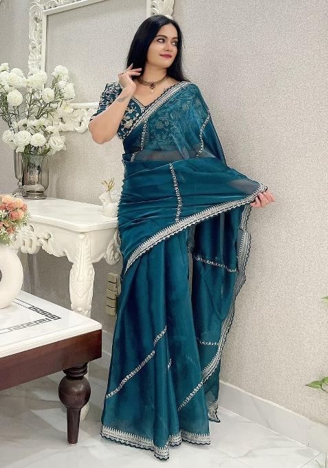 Rama Green Embroidered Silk Blend Saree Set