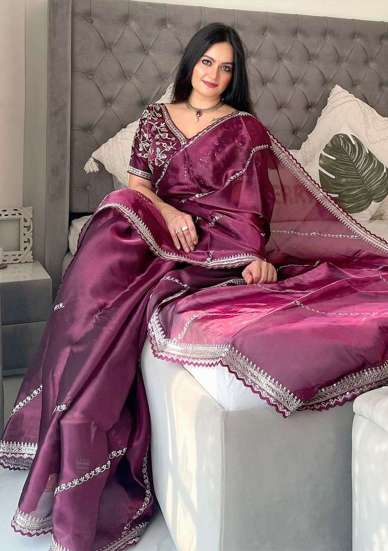 Wine Silk Blend Saree Set with Embroidered for Diwali | Wedding & Festive Wear - Indya