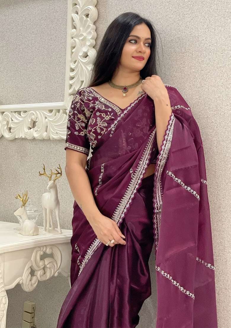 Wine Silk Blend Saree Set with Embroidered for Diwali | Wedding & Festive Wear - Indya