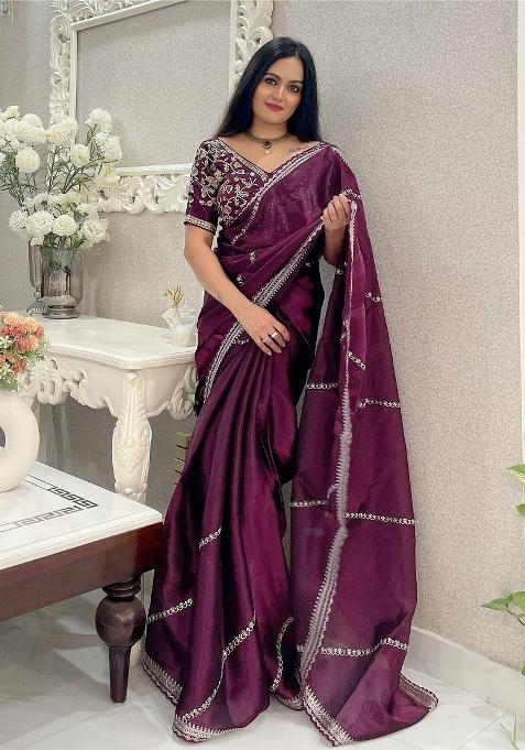 Wine Embroidered Silk Blend Saree Set