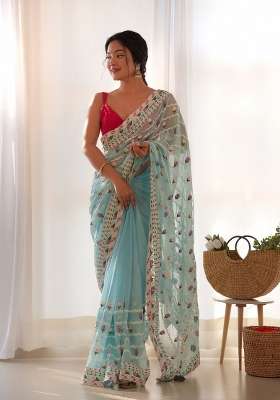 Light Blue Net Saree Set with Embroidered for Diwali | Wedding & Festive Wear