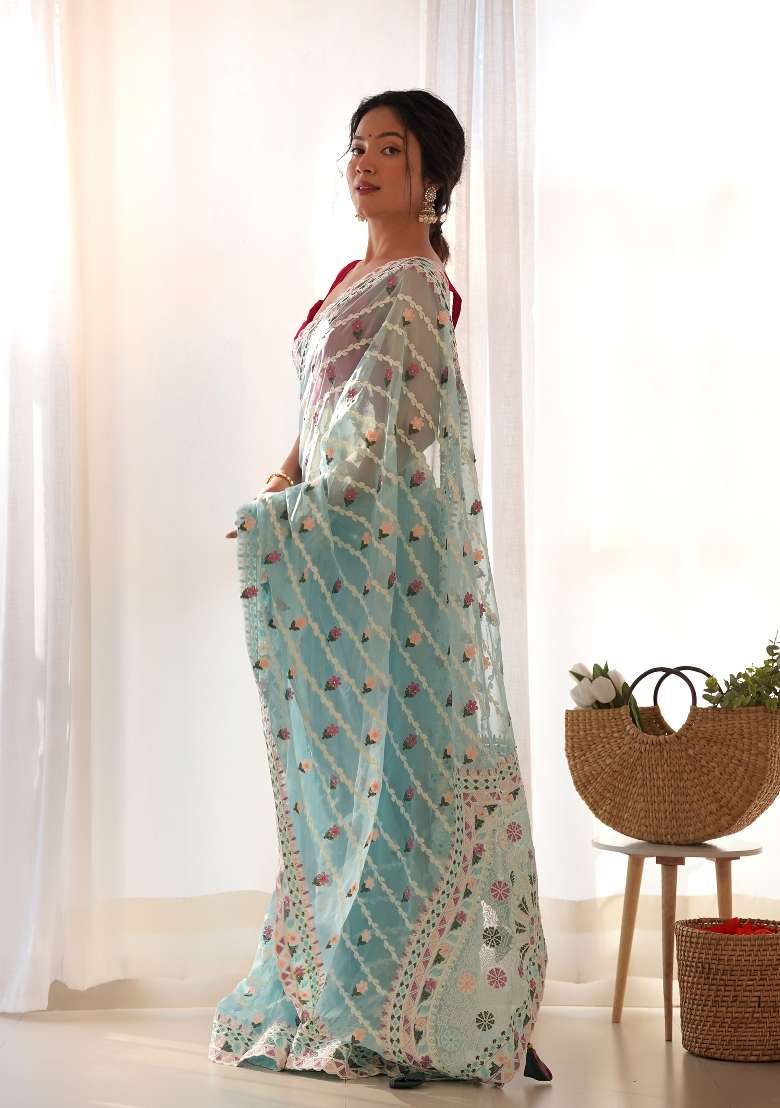 Light Blue Net Saree Set with Embroidered for Diwali | Wedding & Festive Wear - Indya