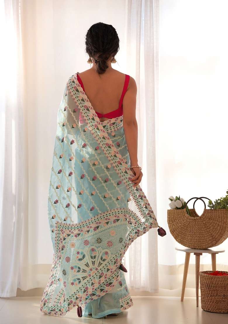 Light Blue Net Saree Set with Embroidered for Diwali | Wedding & Festive Wear - Indya