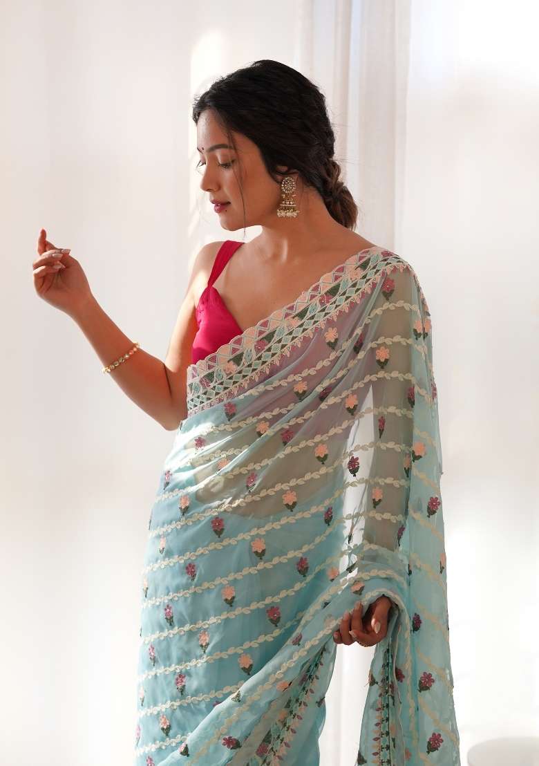 Light Blue Net Saree Set with Embroidered for Diwali | Wedding & Festive Wear - Indya