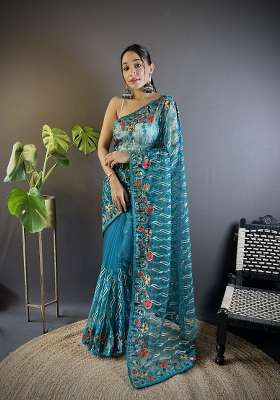 Teal Net Saree Set with Embroidered for Diwali | Wedding & Festive Wear