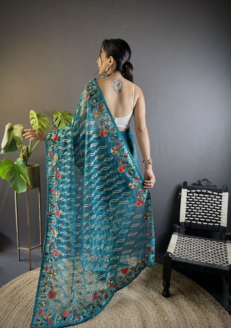 Teal Net Saree Set with Embroidered for Diwali | Wedding & Festive Wear - Indya