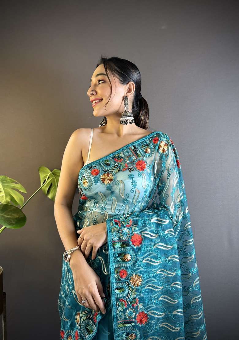 Teal Net Saree Set with Embroidered for Diwali | Wedding & Festive Wear - Indya