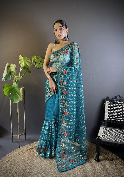 Teal Embroidered Net Saree Set